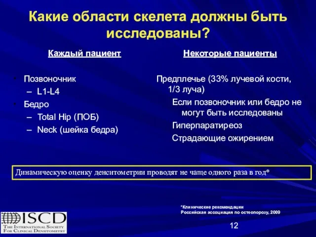 Какие области скелета должны быть исследованы? Каждый пациент Позвоночник L1-L4 Бедро Total