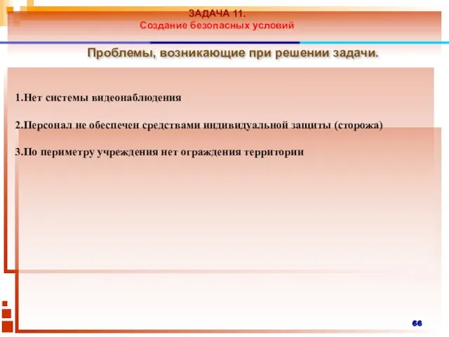 Проблемы, возникающие при решении задачи. Нет системы видеонаблюдения Персонал не обеспечен средствами