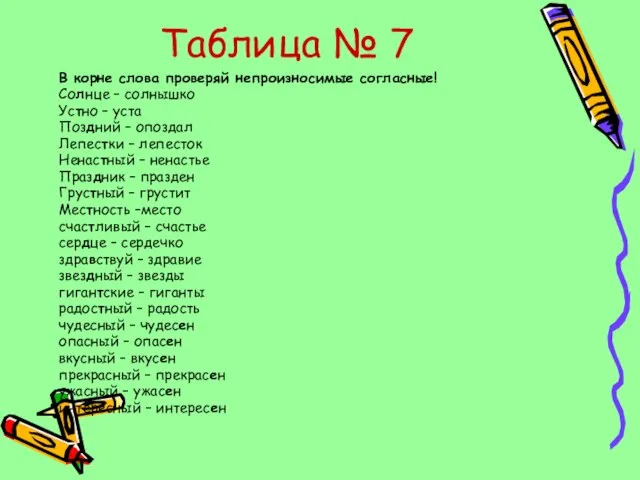 Таблица № 7 В корне слова проверяй непроизносимые согласные! Солнце – солнышко