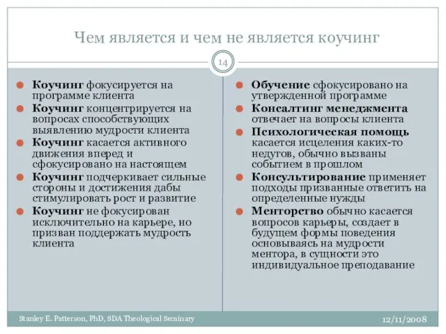 Чем является и чем не является коучинг Обучение сфокусировано на утвержденной программе