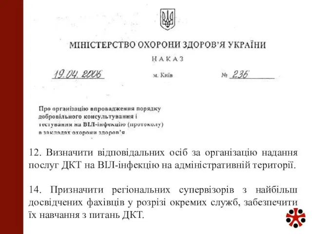 12. Визначити відповідальних осіб за організацію надання послуг ДКТ на ВІЛ-інфекцію на