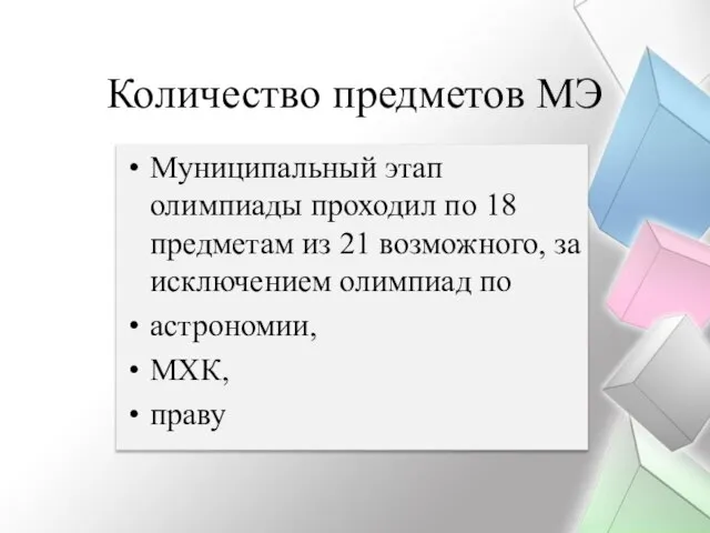 Количество предметов МЭ Муниципальный этап олимпиады проходил по 18 предметам из 21