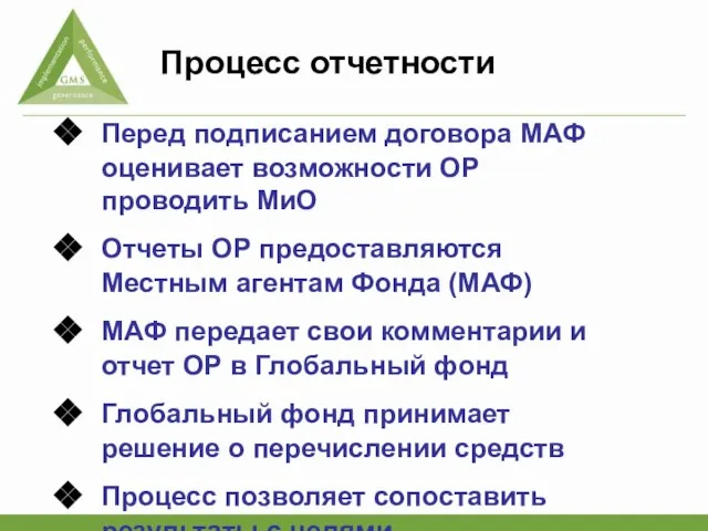 Процесс отчетности Перед подписанием договора МАФ оценивает возможности ОР проводить МиО Отчеты