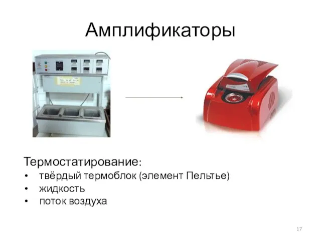 Амплификаторы Термостатирование: твёрдый термоблок (элемент Пельтье) жидкость поток воздуха