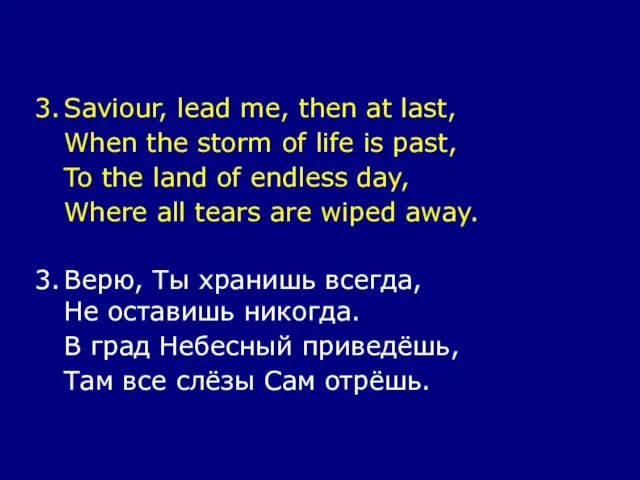 3. Saviour, lead me, then at last, When the storm of life