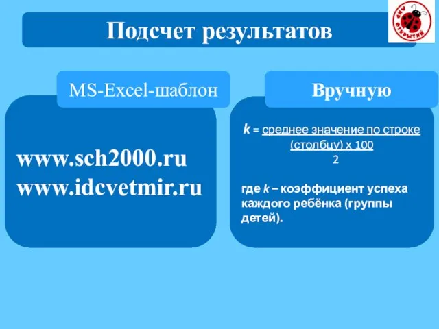 Подсчет результатов www.sch2000.ru www.idcvetmir.ru MS-Excel-шаблон k = среднее значение по строке (столбцу)