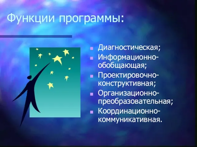 Функции программы: Диагностическая; Информационно-обобщающая; Проектировочно-конструктивная; Организационно-преобразовательная; Координационно-коммуникативная.