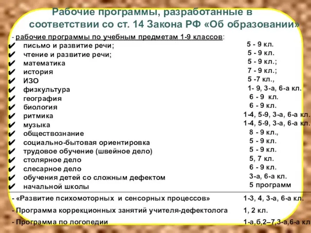 Рабочие программы, разработанные в соответствии со ст. 14 Закона РФ «Об образовании»