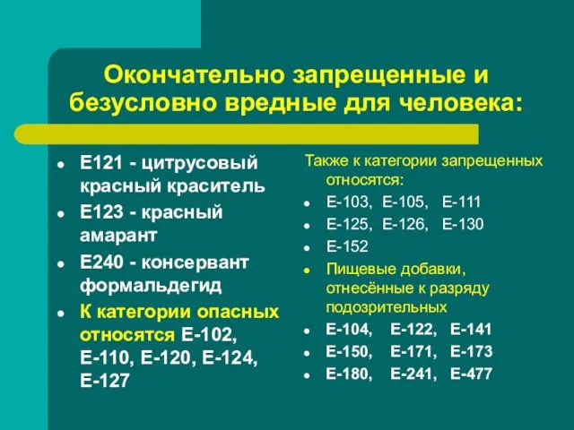 Окончательно запрещенные и безусловно вредные для человека: Е121 - цитрусовый красный краситель