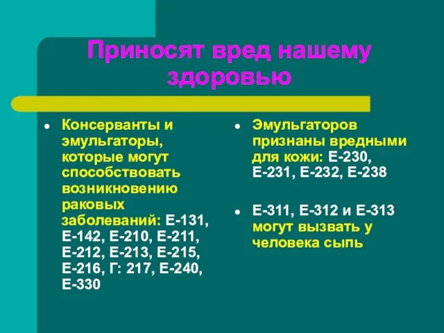 Приносят вред нашему здоровью Консерванты и эмульгаторы, которые могут способствовать возникновению раковых