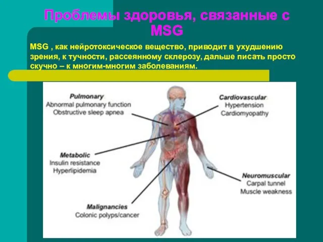 Проблемы здоровья, связанные с MSG MSG , как нейротоксическое вещество, приводит в