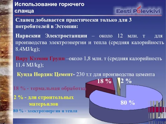 Использование горючего сланца 80 % - электроэнергия и тепла 18 % -