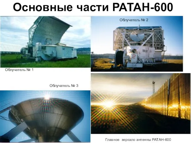Основные части РАТАН-600 Главное зеркало антенны РАТАН-600 Облучатель № 1 Облучатель № 3 Облучатель № 2