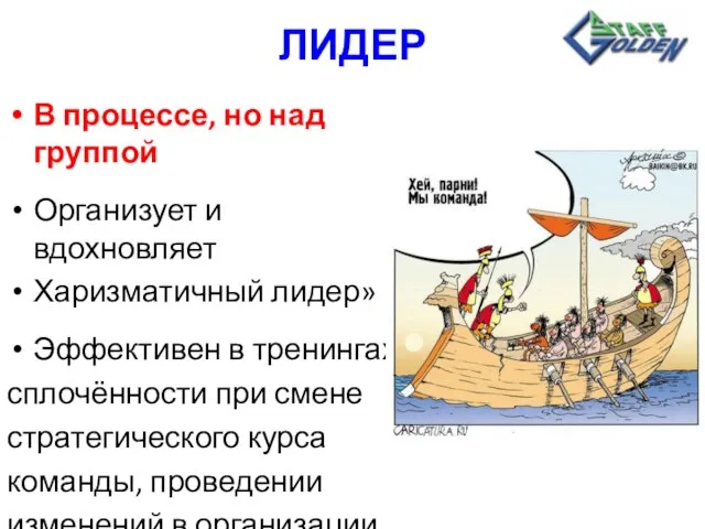 ЛИДЕР В процессе, но над группой Организует и вдохновляет Харизматичный лидер» Эффективен