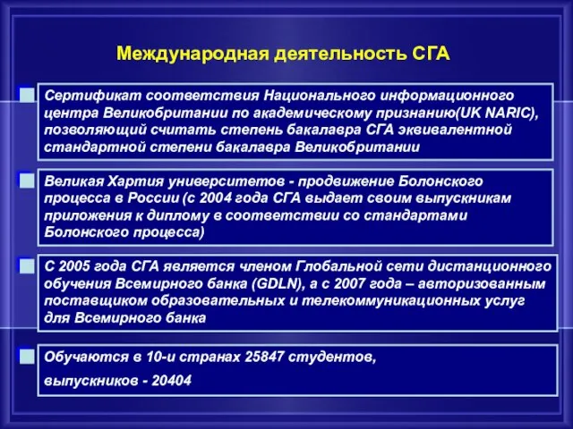 Международная деятельность СГА Сертификат соответствия Национального информационного центра Великобритании по академическому признанию(UK