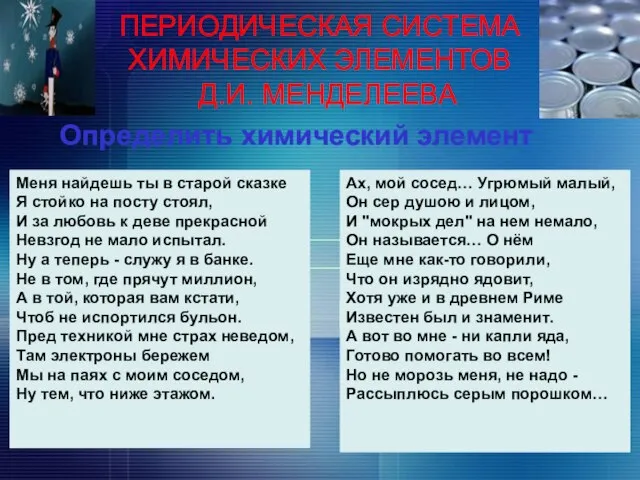 ПЕРИОДИЧЕСКАЯ СИСТЕМА ХИМИЧЕСКИХ ЭЛЕМЕНТОВ Д.И. МЕНДЕЛЕЕВА Определить химический элемент Меня найдешь ты