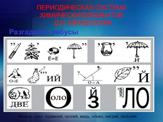 ПЕРИОДИЧЕСКАЯ СИСТЕМА ХИМИЧЕСКИХЭЛЕМЕНТОВ Д.И. МЕНДЕЛЕЕВА Разгадайте ребусы Железо, азот, германий, галлий, медь, олово, натрий, полоний.