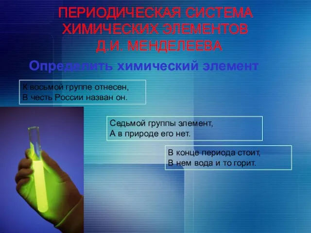 ПЕРИОДИЧЕСКАЯ СИСТЕМА ХИМИЧЕСКИХ ЭЛЕМЕНТОВ Д.И. МЕНДЕЛЕЕВА Определить химический элемент К восьмой группе