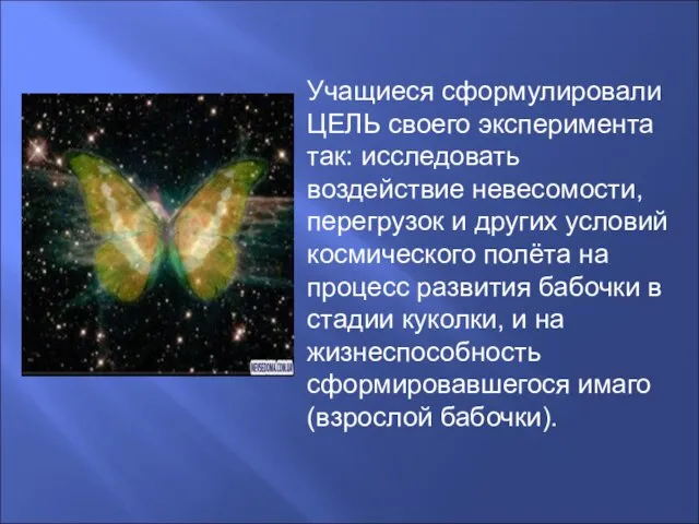 Учащиеся сформулировали ЦЕЛЬ своего эксперимента так: исследовать воздействие невесомости, перегрузок и других