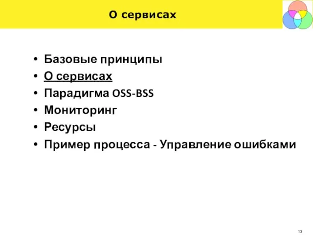 О сервисах Базовые принципы О сервисах Парадигма OSS-BSS Мониторинг Ресурсы Пример процесса - Управление ошибками