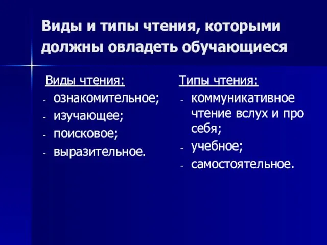 Виды и типы чтения, которыми должны овладеть обучающиеся Виды чтения: ознакомительное; изучающее;