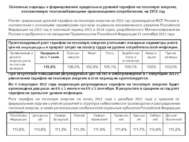 Основные подходы к формированию предельных уровней тарифов на тепловую энергию, поставляемую теплоснабжающими