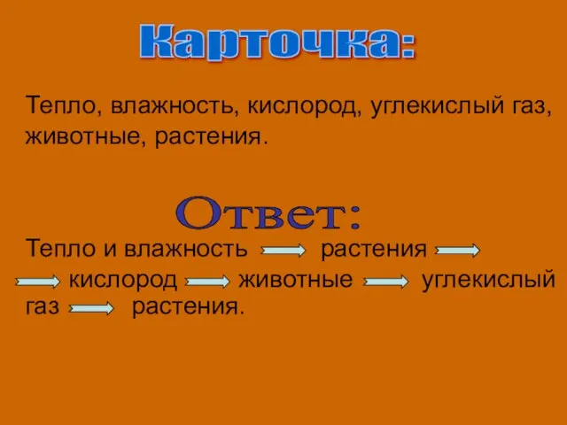 Карточка: Тепло, влажность, кислород, углекислый газ, животные, растения. Ответ: Тепло и влажность