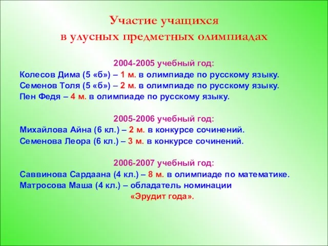 Участие учащихся в улусных предметных олимпиадах 2004-2005 учебный год: Колесов Дима (5