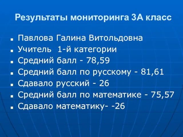 Результаты мониторинга 3А класс Павлова Галина Витольдовна Учитель 1-й категории Средний балл