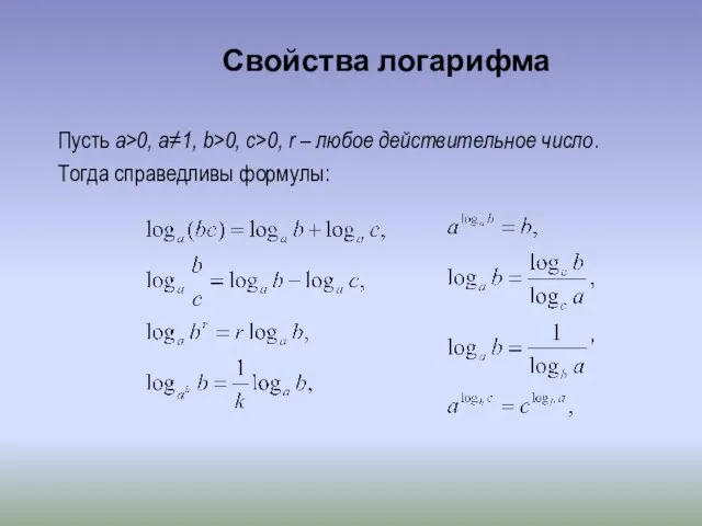 Свойства логарифма Пусть a>0, a≠1, b>0, c>0, r – любое действительное число. Тогда справедливы формулы: