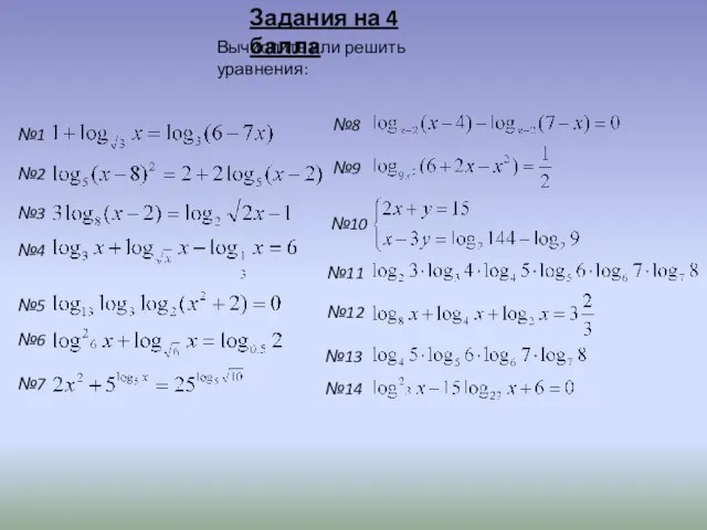 Задания на 4 балла Вычислить или решить уравнения: №14 №13 №12 №11