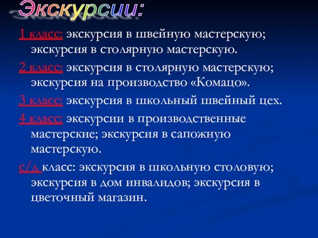 1 класс: экскурсия в швейную мастерскую; экскурсия в столярную мастерскую. 2 класс: