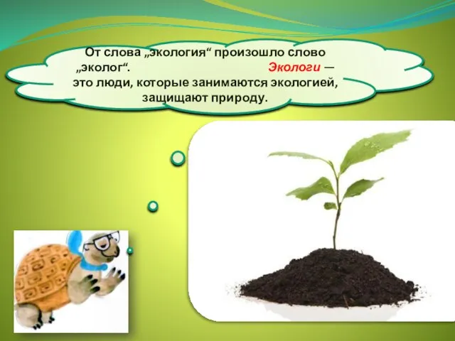 От слова „экология“ произошло слово „эколог“. Экологи — это люди, которые занимаются экологией, защищают природу.