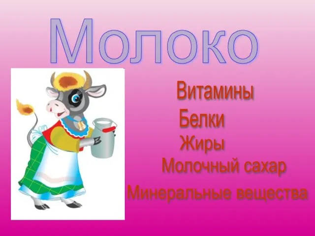 Молоко Витамины Белки Жиры Молочный сахар Минеральные вещества