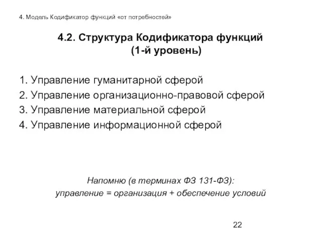 4. Модель Кодификатор функций «от потребностей» 4.2. Структура Кодификатора функций (1-й уровень)