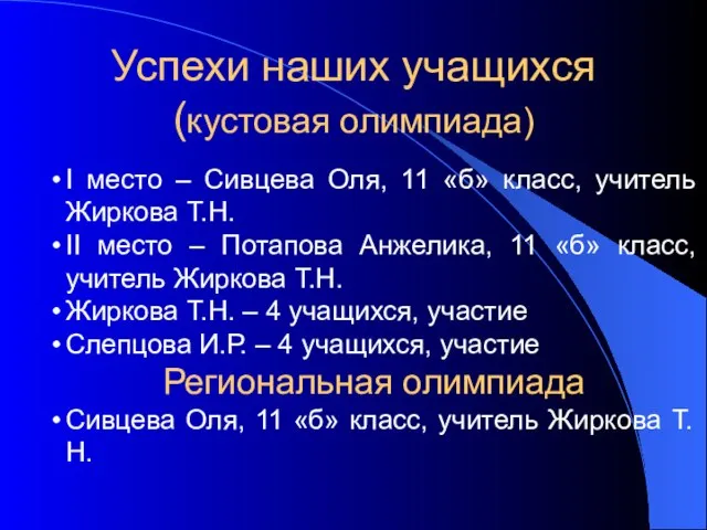 Успехи наших учащихся (кустовая олимпиада) I место – Сивцева Оля, 11 «б»