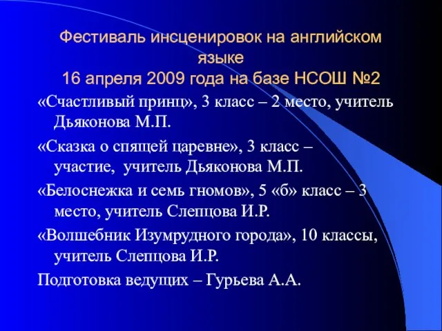 Фестиваль инсценировок на английском языке 16 апреля 2009 года на базе НСОШ