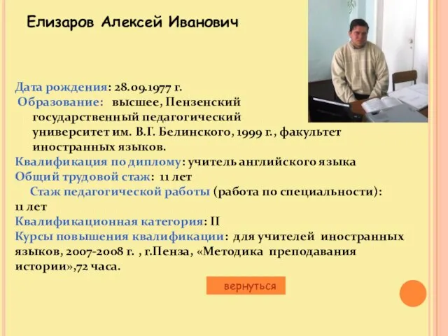 Елизаров Алексей Иванович вернуться Дата рождения: 28.09.1977 г. Образование: высшее, Пензенский государственный