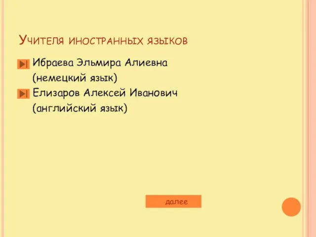 Учителя иностранных языков Ибраева Эльмира Алиевна (немецкий язык) Елизаров Алексей Иванович (английский язык) далее