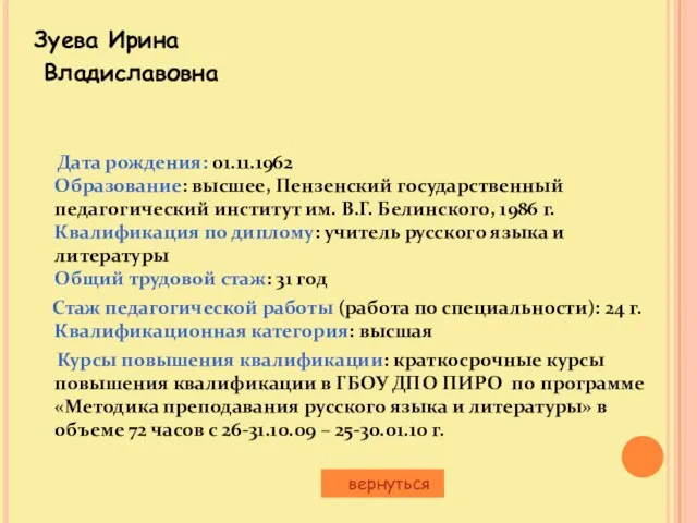 Зуева Ирина Владиславовна Дата рождения: 01.11.1962 Образование: высшее, Пензенский государственный педагогический институт