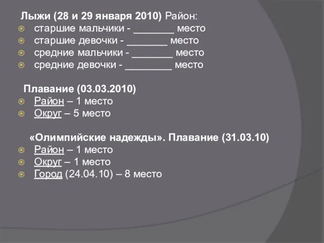 Лыжи (28 и 29 января 2010) Район: старшие мальчики - _______ место