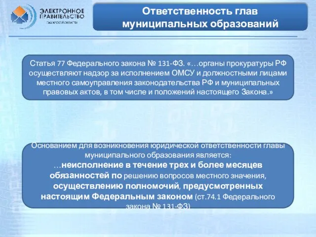 Ответственность глав муниципальных образований Статья 77 Федерального закона № 131-ФЗ. «…органы прокуратуры