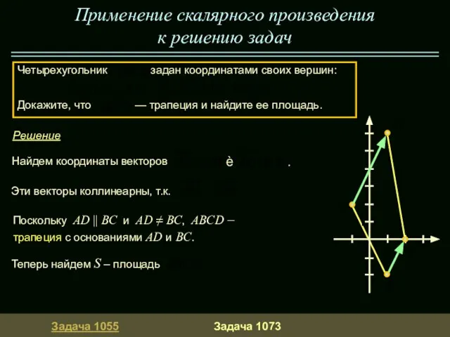 Решение Эти векторы коллинеарны, т.к. Применение скалярного произведения к решению задач Поскольку