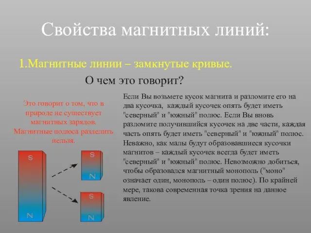 Свойства магнитных линий: 1.Магнитные линии – замкнутые кривые. О чем это говорит?