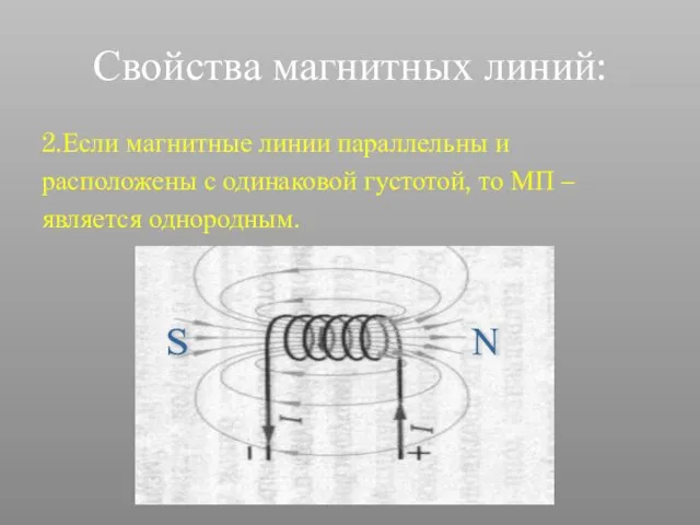 Свойства магнитных линий: 2.Если магнитные линии параллельны и расположены с одинаковой густотой,