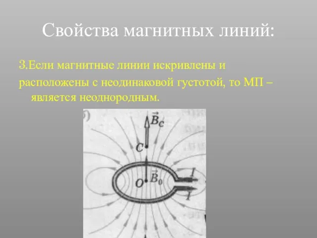 Свойства магнитных линий: 3.Если магнитные линии искривлены и расположены с неодинаковой густотой,