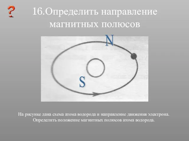 16.Определить направление магнитных полюсов На рисунке дана схема атома водорода и направление