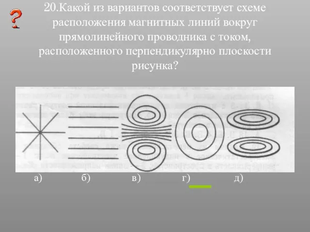 20.Какой из вариантов соответствует схеме расположения магнитных линий вокруг прямолинейного проводника с