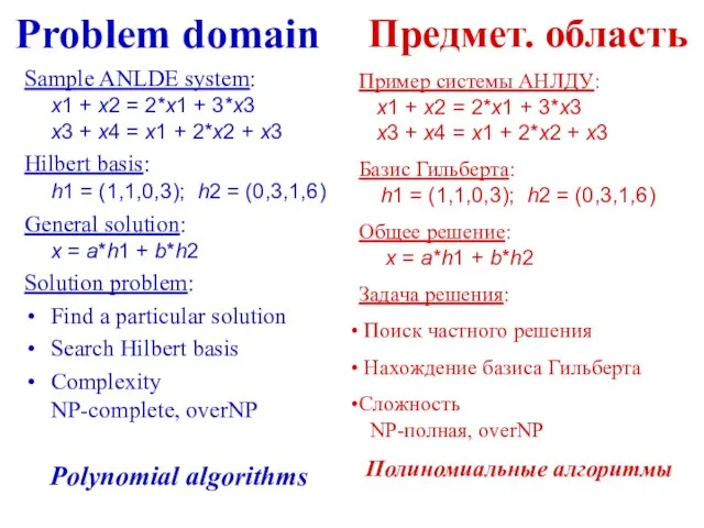 Problem domain Предмет. область Sample ANLDE system: x1 + x2 = 2*x1