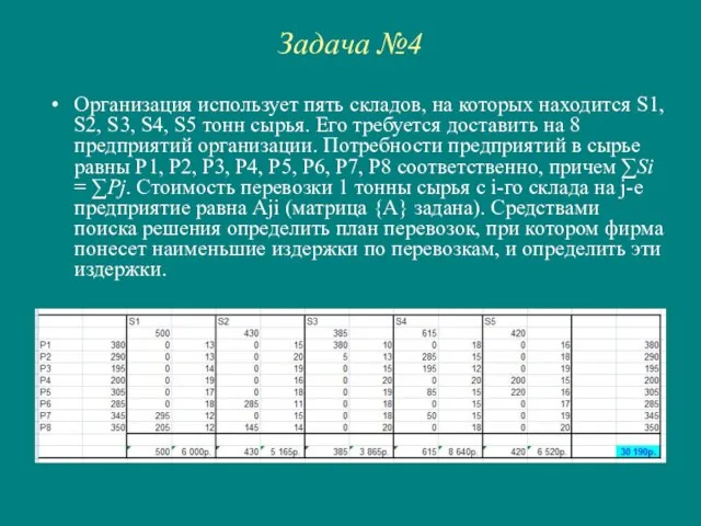 Задача №4 Организация использует пять складов, на которых находится S1, S2, S3,